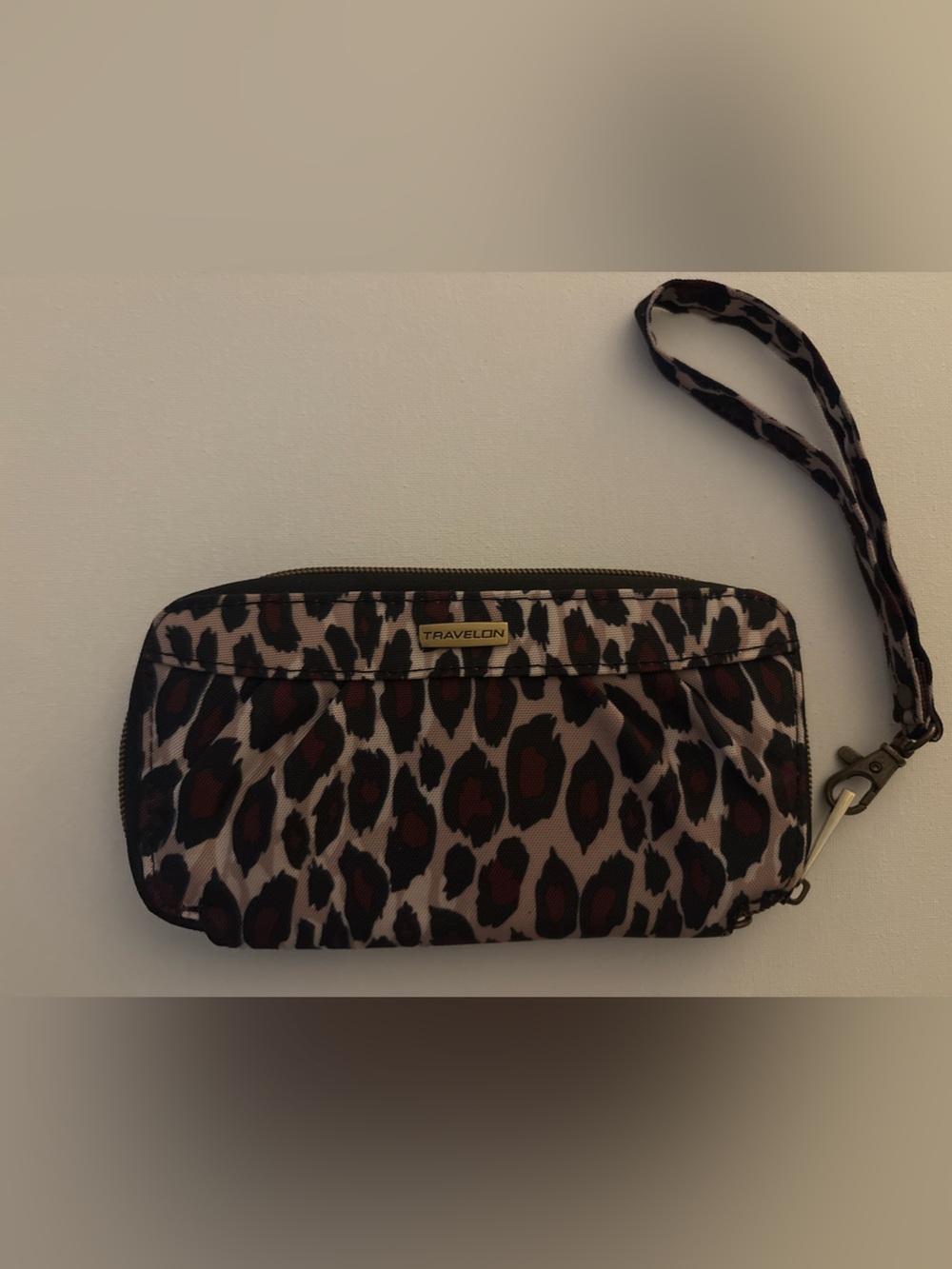 Travelon Leopard Print Wristlet in Brown and Black